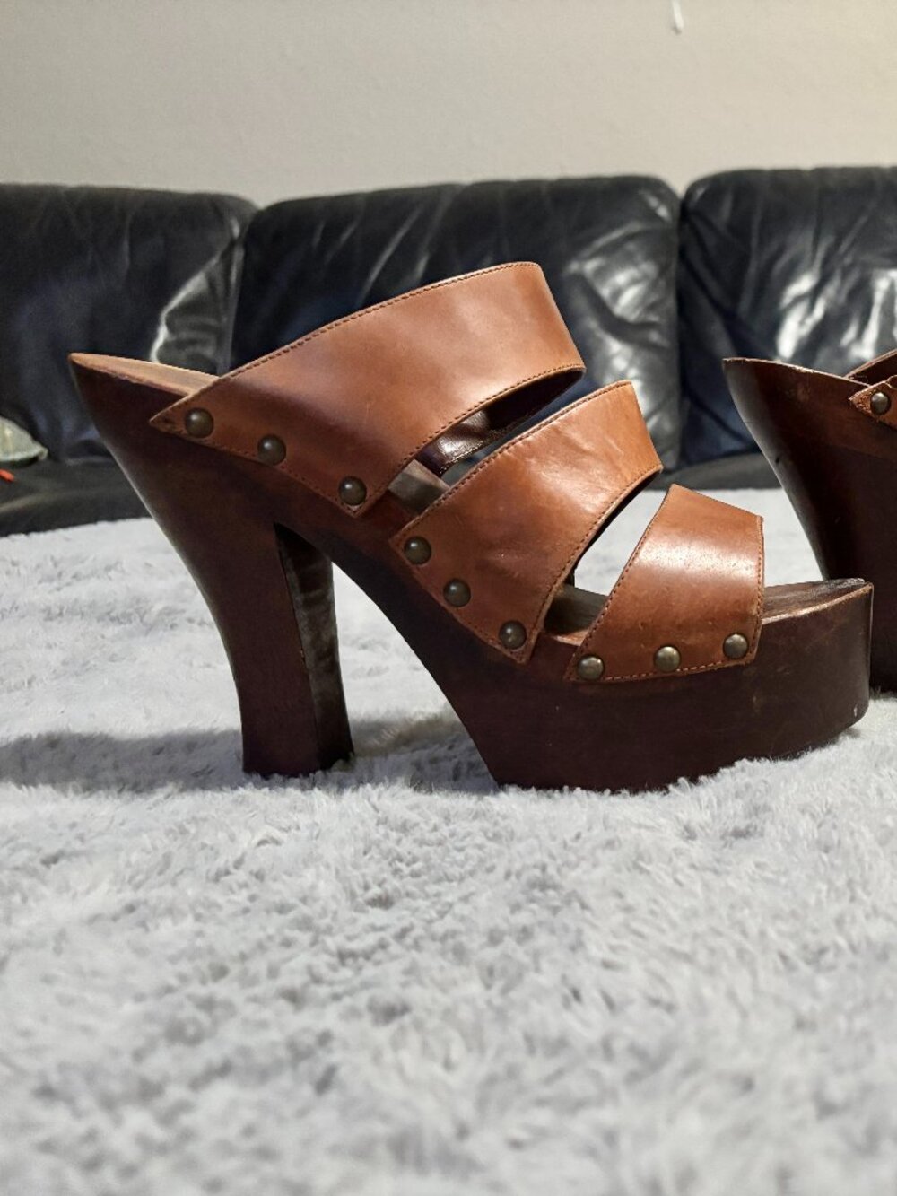 Wild Pair Brown Leather Studded Platform Heels